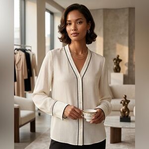 Club Monaco 100% silk long sleeve button down with black trim and stripes size L